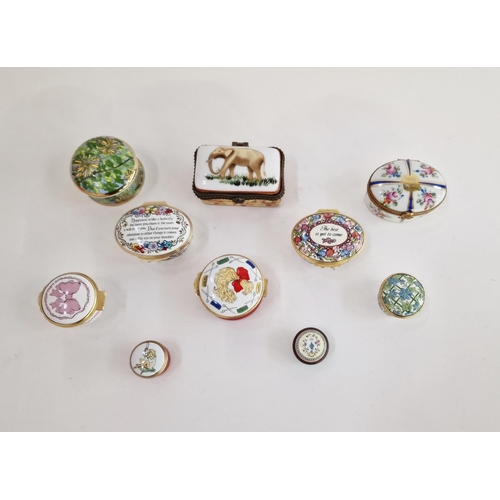 536 - Collection of modern enamel and porcelain gilt metal-mounted pill and snuff boxes, variously decorat... 