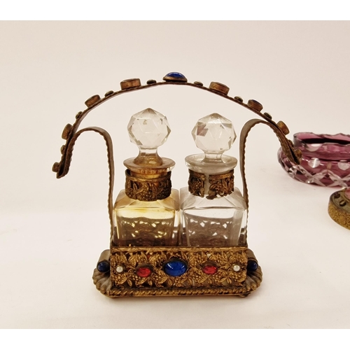 539 - Gilt-metal filigree and 'jewelled' double perfume bottle stand with two cut glass square section bot... 