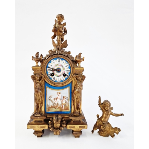 554 - Late 19th century French Sevres-style gilt metal and porcelain mounted mantel clock surmounted with ... 