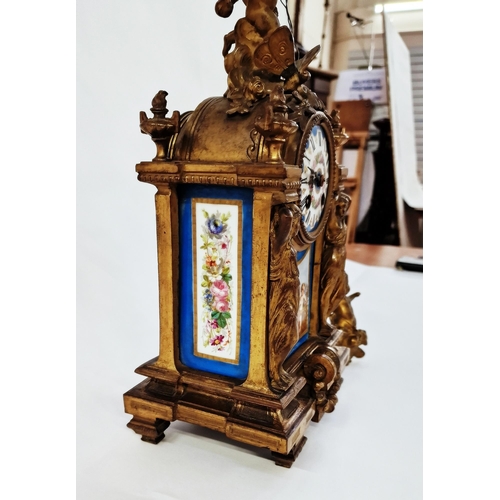 554 - Late 19th century French Sevres-style gilt metal and porcelain mounted mantel clock surmounted with ... 