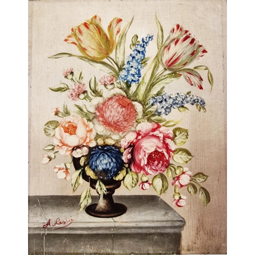 555 - Early 20th century painted wooden panel, oil on board, painted with a still life of a vase of flower... 