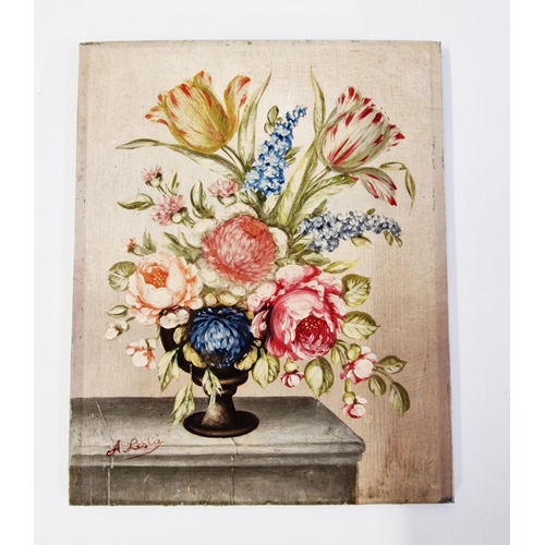 555 - Early 20th century painted wooden panel, oil on board, painted with a still life of a vase of flower... 