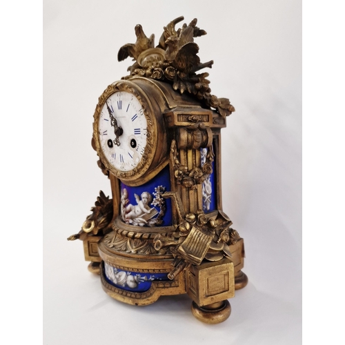 556 - Late 19th century French Sevres-style gilt-metal, porcelain and enamel mounted mantel clock, surmoun... 