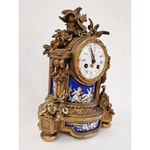 556 - Late 19th century French Sevres-style gilt-metal, porcelain and enamel mounted mantel clock, surmoun... 