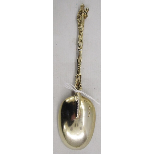 56 - Three Victorian silver gilt embossed and pierced spoons, each having ornate finial, hallmarked Londo... 