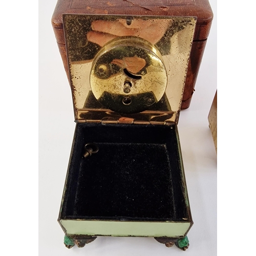 562 - Early 20th century German travelling alarm clock, square-section in green painted gilt-metal square-... 