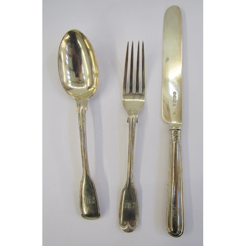 57 - Victorian silver childs christening set viz:- spoon, fork and knife, fiddle and thread pattern, Lond... 