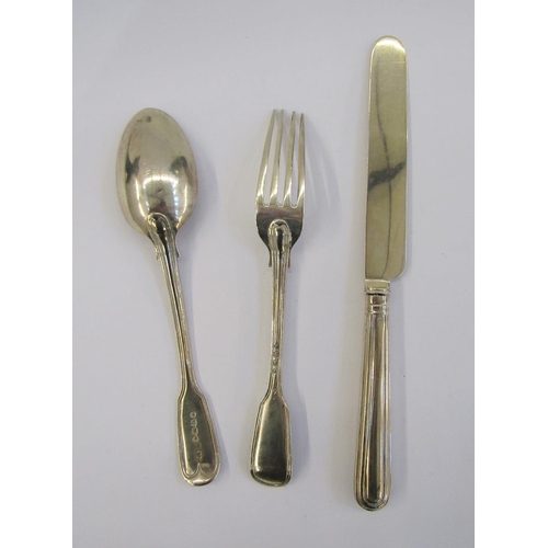 57 - Victorian silver childs christening set viz:- spoon, fork and knife, fiddle and thread pattern, Lond... 