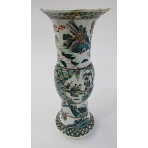 578 - A Chinese famille verte Gu shaped vase and a pair of Japanese porcelain vases, the first probably 19... 