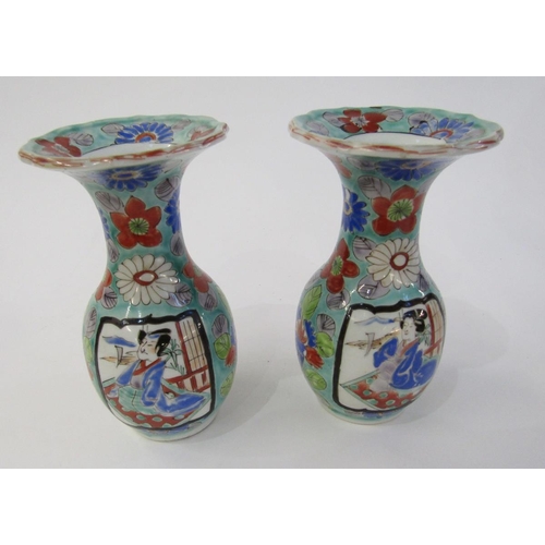 578 - A Chinese famille verte Gu shaped vase and a pair of Japanese porcelain vases, the first probably 19... 