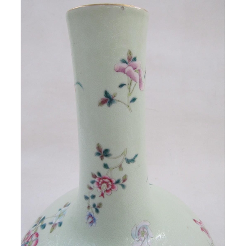 579 - A Chinese porcelain celadon-ground bottle-shaped vase, underglaze blue apocryphal Yongzheng seal mar... 