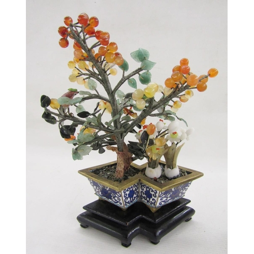 581 - Pair of Chinese enamel hardstone mounted trees, each mounted with a painted tall bird set with berri... 