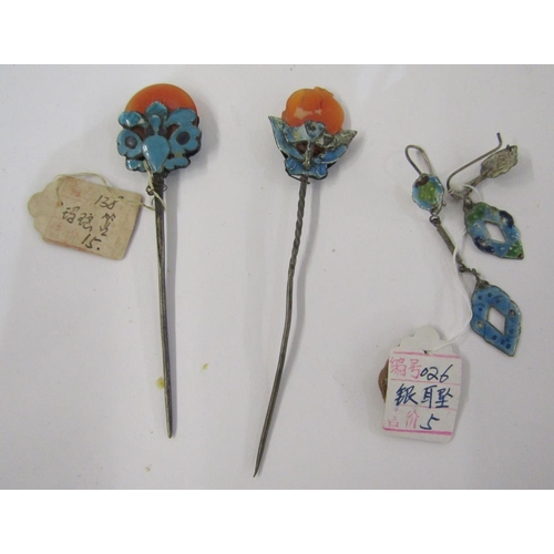 584 - Two Chinese late Qing Dynasty turquoise enamel hairpins, together with a pair of pierced lozenge-sha... 