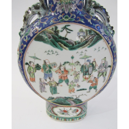 585 - Chinese porcelain famille verte moonflask, 19th century, with pierced beast handles, painted with fi... 