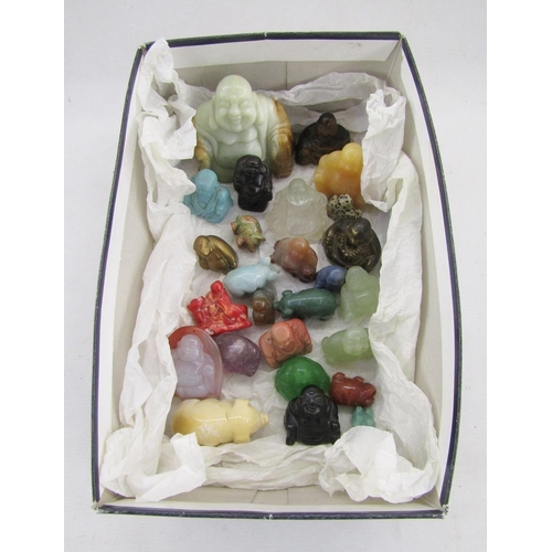 589 - Collection of coloured hardstone and similar precious stone models of Buddhas, including turquoise, ... 