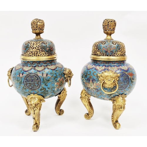 591 - Pair of Chinese cloisonné enamel and gilt-bronze tripod censers, Qianlong (1735-1796), each with pie... 