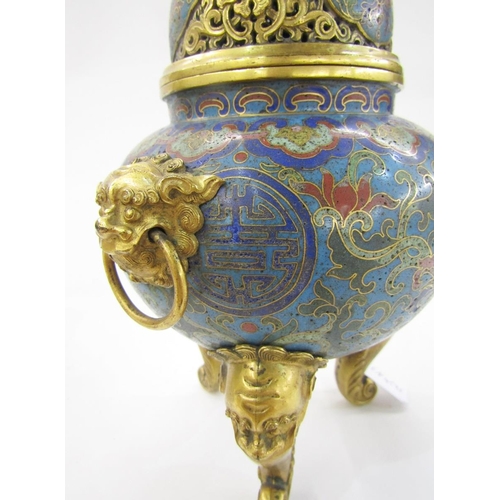 591 - Pair of Chinese cloisonné enamel and gilt-bronze tripod censers, Qianlong (1735-1796), each with pie... 