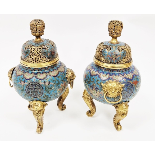 591 - Pair of Chinese cloisonné enamel and gilt-bronze tripod censers, Qianlong (1735-1796), each with pie... 