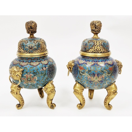 591 - Pair of Chinese cloisonné enamel and gilt-bronze tripod censers, Qianlong (1735-1796), each with pie... 