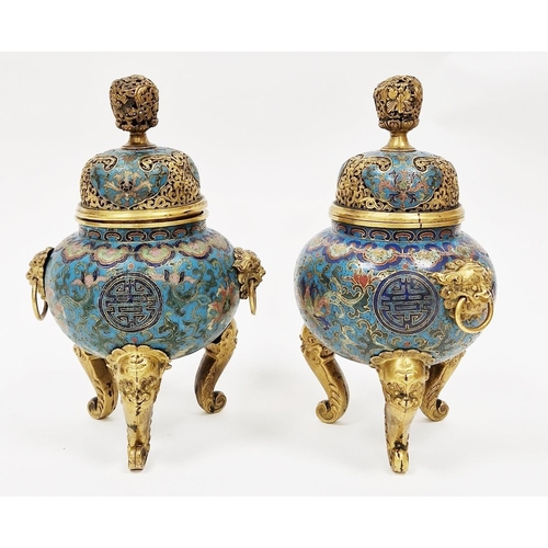 591 - Pair of Chinese cloisonné enamel and gilt-bronze tripod censers, Qianlong (1735-1796), each with pie... 