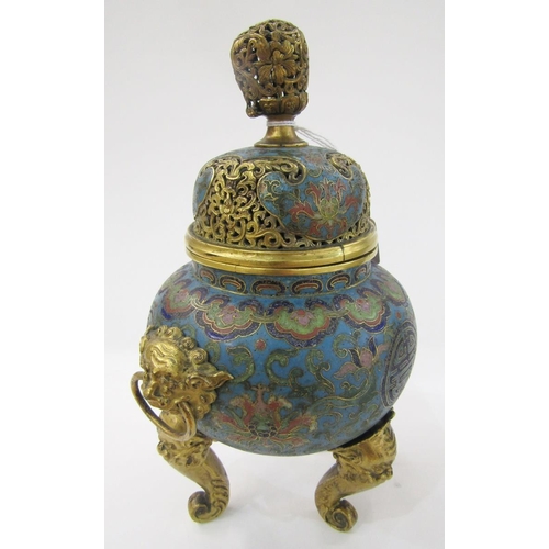 591 - Pair of Chinese cloisonné enamel and gilt-bronze tripod censers, Qianlong (1735-1796), each with pie... 