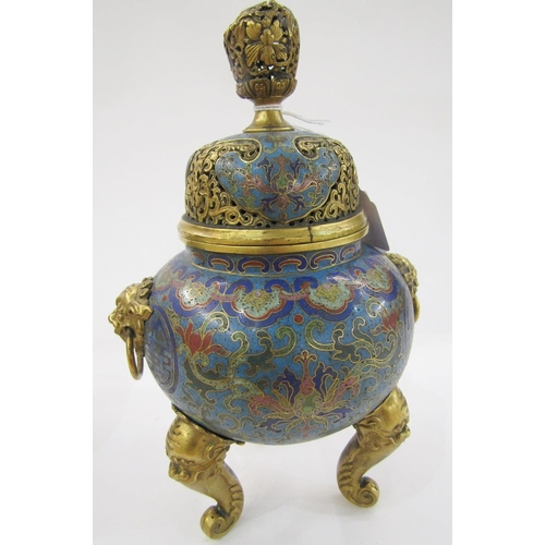 591 - Pair of Chinese cloisonné enamel and gilt-bronze tripod censers, Qianlong (1735-1796), each with pie... 