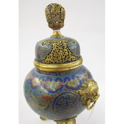 591 - Pair of Chinese cloisonné enamel and gilt-bronze tripod censers, Qianlong (1735-1796), each with pie... 