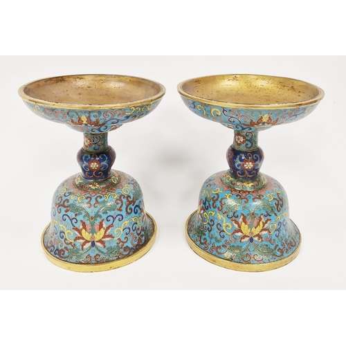 592 - Pair of Chinese cloisonné enamel candlestick stands, Qianlong (1735-1796), each with four character ... 