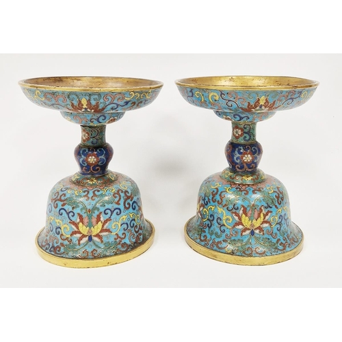 592 - Pair of Chinese cloisonné enamel candlestick stands, Qianlong (1735-1796), each with four character ... 