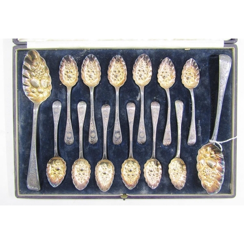 60 - Georgian matched set of silver berry spoons, with later decoration, gilt bowls, hallmarks include Lo... 