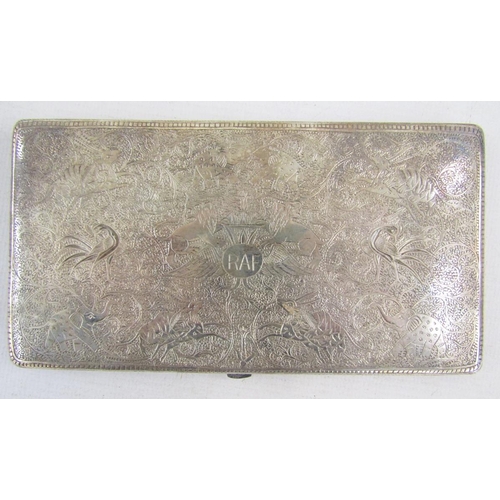 76 - 20th century silver cigarette case, of rectangular form, with engine turned decoration and gilt inte... 