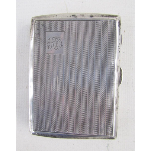 76 - 20th century silver cigarette case, of rectangular form, with engine turned decoration and gilt inte... 