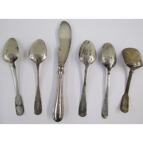 78 - Four assorted silver teaspoons, Georgian and later, together with a pair of silver plated sugar tong... 