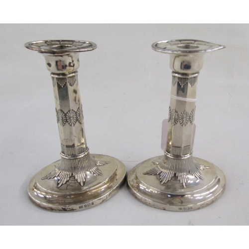 91 - Pair Victorian silver candlesticks, each with elliptical drip tray, panelled and reeded edge, panell... 