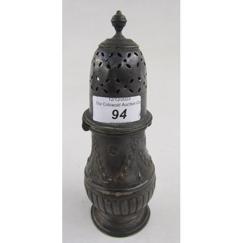 94 - George V silver sugar caster, pierced domed bayonet fixing cover, baluster body with swag decoration... 