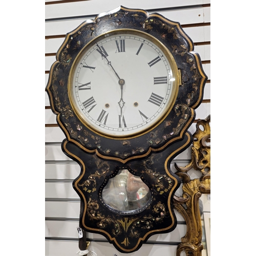 1000 - Victorian papiermache and mother-of-pearl inlaid drop-dial wall clock, probably American, with white... 