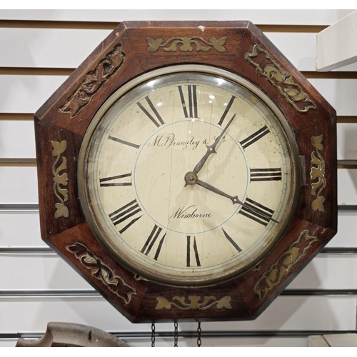 1004 - 19th century brass inlaid rosewood octagonal section fusee striking wall clock, the white painted di... 