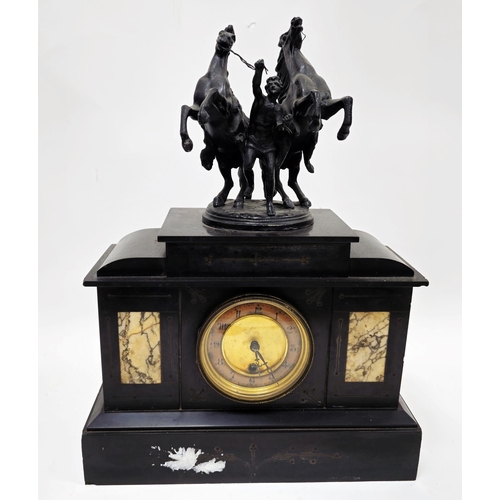 1005 - Late 19th century gilt metal mounted marble and slate mantel clock surmounted with a spelter group o... 