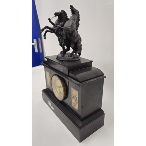 1005 - Late 19th century gilt metal mounted marble and slate mantel clock surmounted with a spelter group o... 