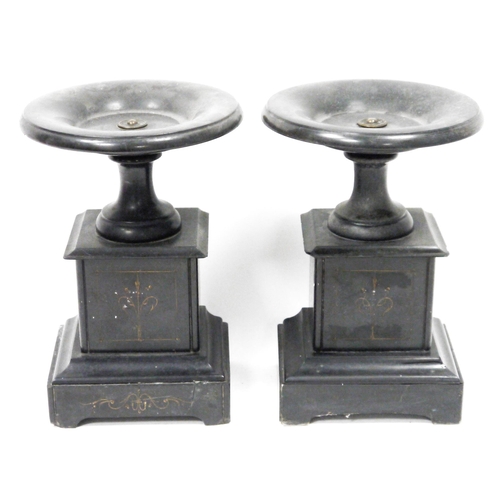 104 - Pair of Victorian slate pedestal tazzas on stands, each cup-shaped tazza supported on a square secti... 