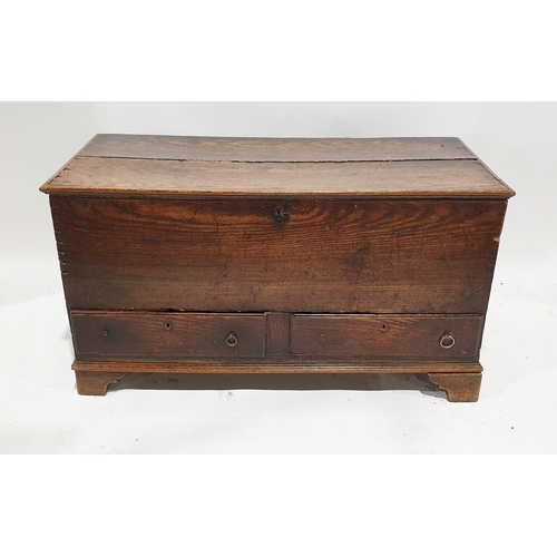 1054 - Antique oak dower chest of rectangular form with two short drawers to the front, raised on bracket f... 