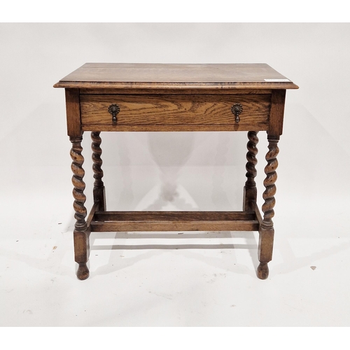 1121 - 19th century oak hall table of rectangular form with single long drawer to the front, raised on barl... 