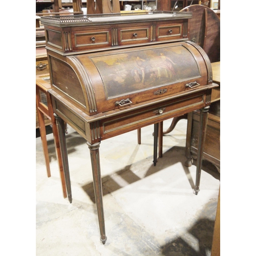 1123 - 19th century mahogany marble topped gilt-metal mounted cylinder bureau, the red marble top with pier... 