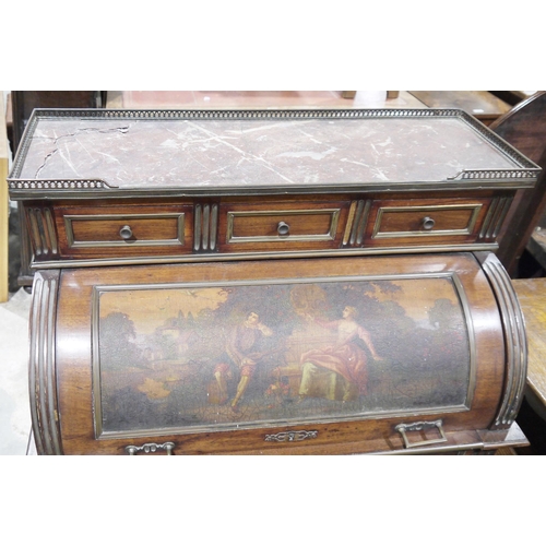 1123 - 19th century mahogany marble topped gilt-metal mounted cylinder bureau, the red marble top with pier... 