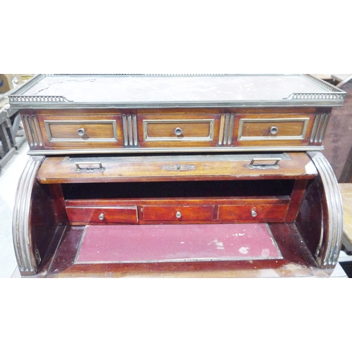 1123 - 19th century mahogany marble topped gilt-metal mounted cylinder bureau, the red marble top with pier... 