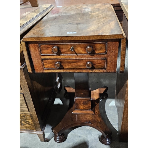 1140 - William IV mahogany folding pedestal table, with two drawers and two dummy drawers with turned handl... 