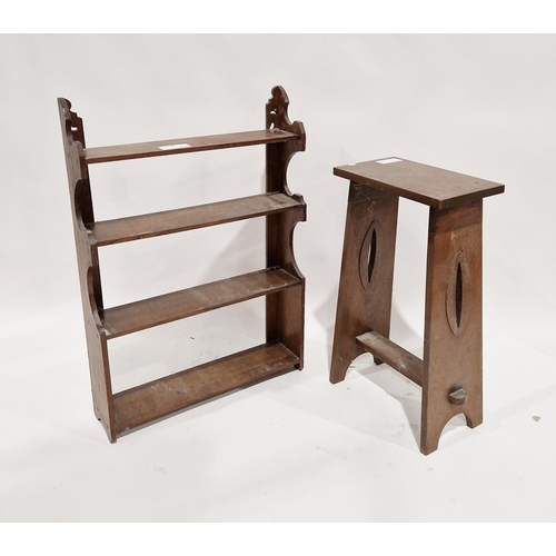 1141 - 20th century oak Arts & Crafts-style stool, 68cm high and a four-tier oak wall-hanging shelf (2)