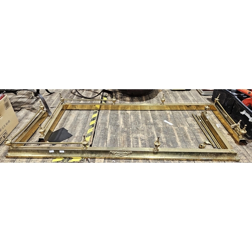 1144A - Two large brass fenders, each with urn finials, 180cm wide (2)