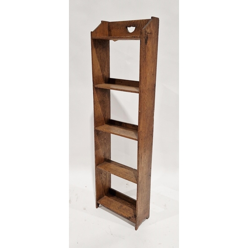 1147 - Early 20th century oak narrow bookshelf of five-tiers, with attached label 'Solomon Bros, Aldershot'... 