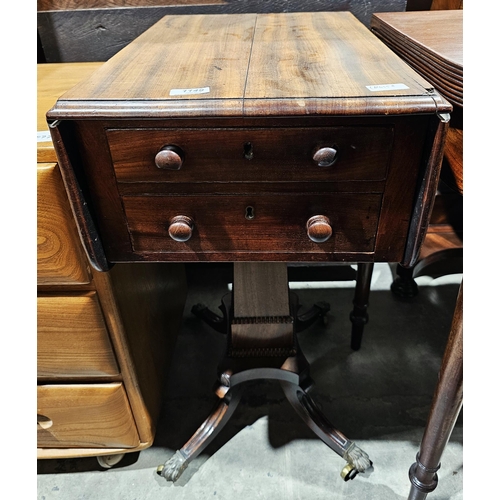 1149 - Regency mahogany worktable, drop leaf, 2 drawers on square tapered column and outswept quadruple bas... 